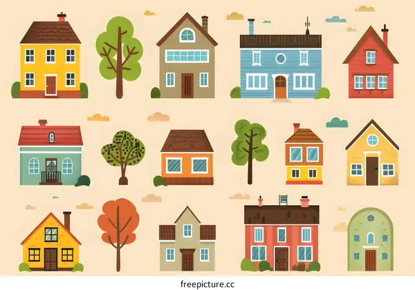 Colorful Hand Drawn Illustration of Houses