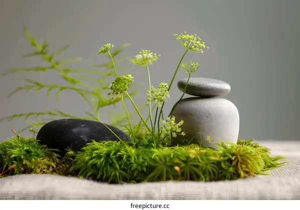 Zen Garden Stones and Plants on Grey Background