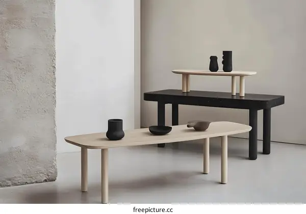 Modern Minimalist Interior Design with Wooden and Black Tables and Vases