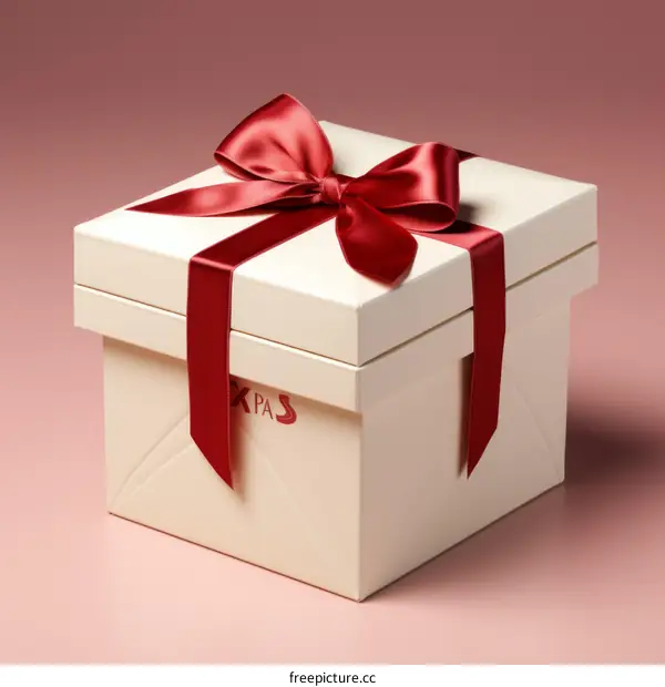 A red and white gift box with a red ribbon