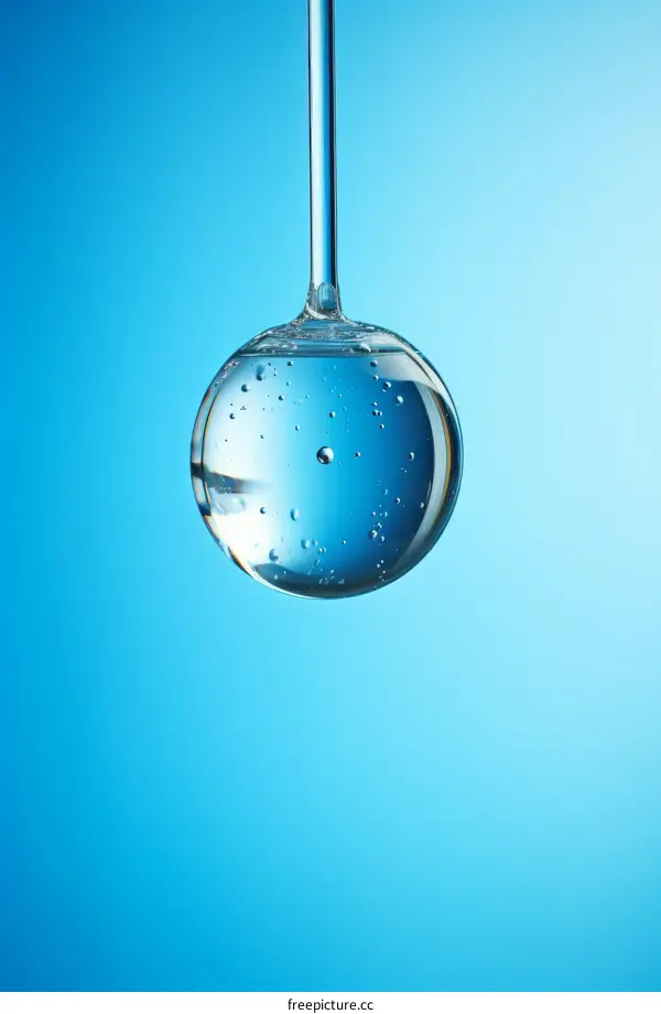 Close-up image of a clear glass ball filled with a clear liquid against a blue background