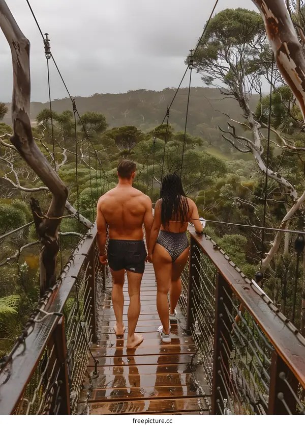 Couple Walking on a Suspension Bridge Through the Forest