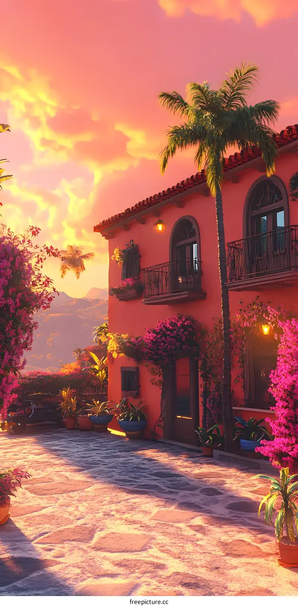 Pink Sunset Over Red Mexican House With Palm Trees