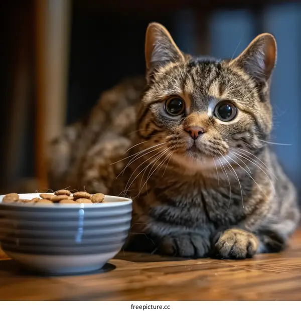 Cat looking at food bowl