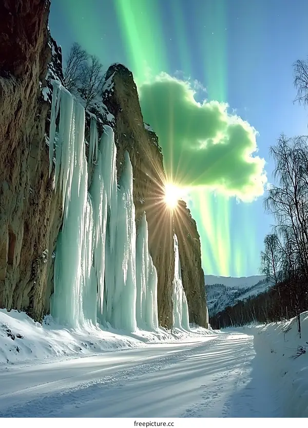 Winter Landscape with Ice Formations and Northern Lights