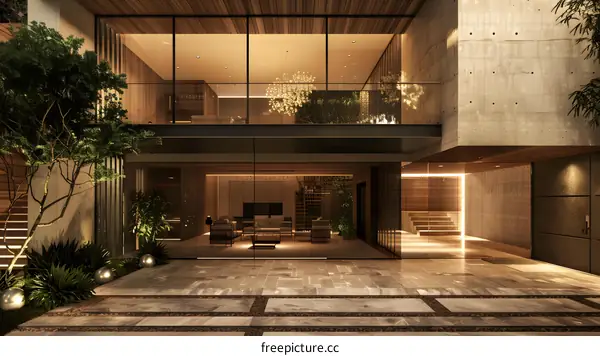 Modern Architecture House Exterior With Glass Doors And Concrete Walls