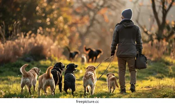 A person walking a pack of dogs on a field