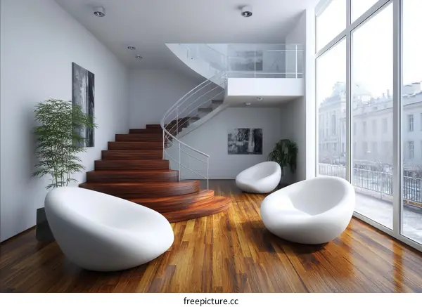 Modern Interior Design with Wooden Stairs and Unique Furniture