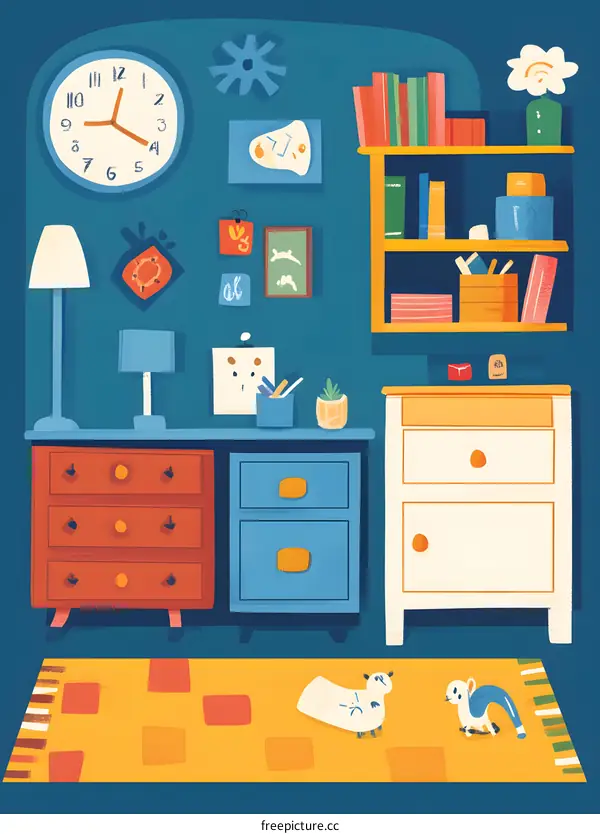 Cute Illustration of a Childs Room with a Desk and Bookshelves