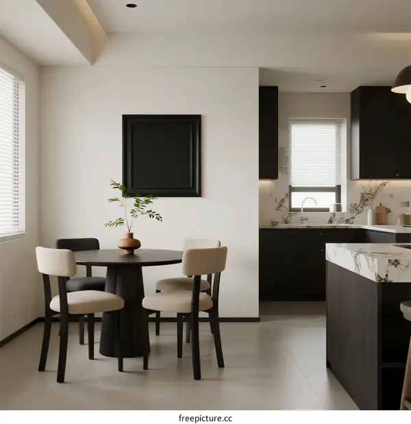 Modern minimalist dining room with black and white color scheme