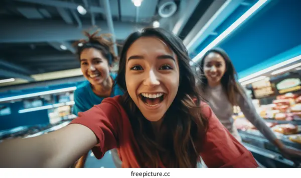 Three young women having fun in supermarket