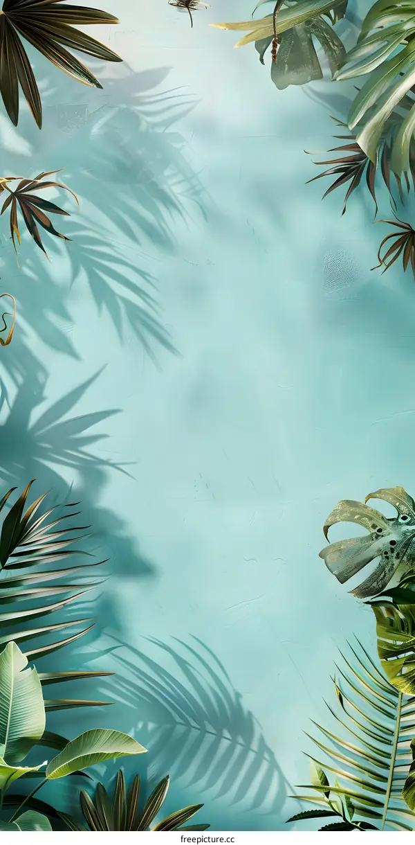 Tropical Leaves and Shadows on Teal Background