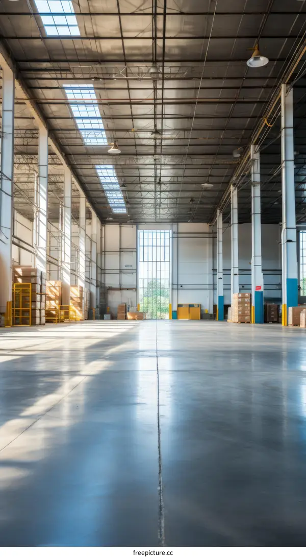 Large empty warehouse interior with concrete floor and large windows