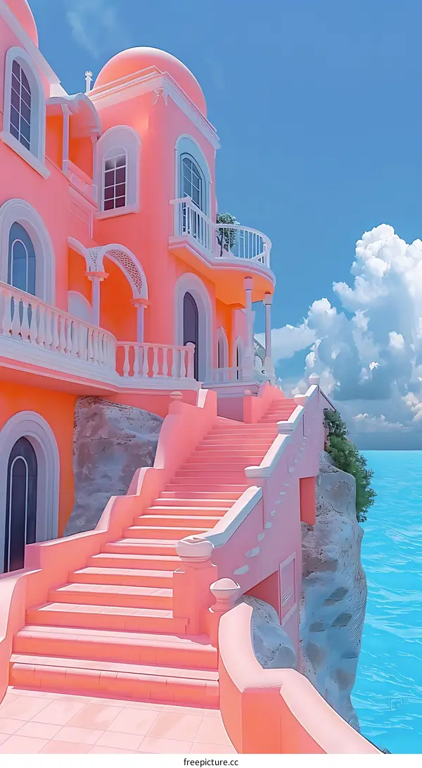 Pink Oceanfront Mansion Illustration