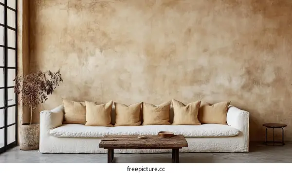 Beige Living Room Interior Design with White Sofa