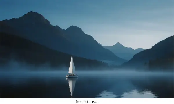 A serene sailboat glides on a misty mountain lake at dawn