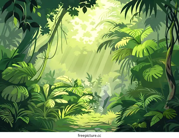 Jungle Background Illustration with Green Lush Foliage and Sun Rays