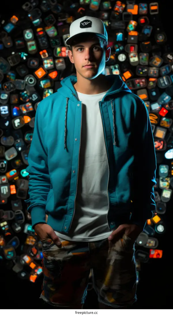 Portrait of a young male model wearing a blue hoodie and white t-shirt with colorful background