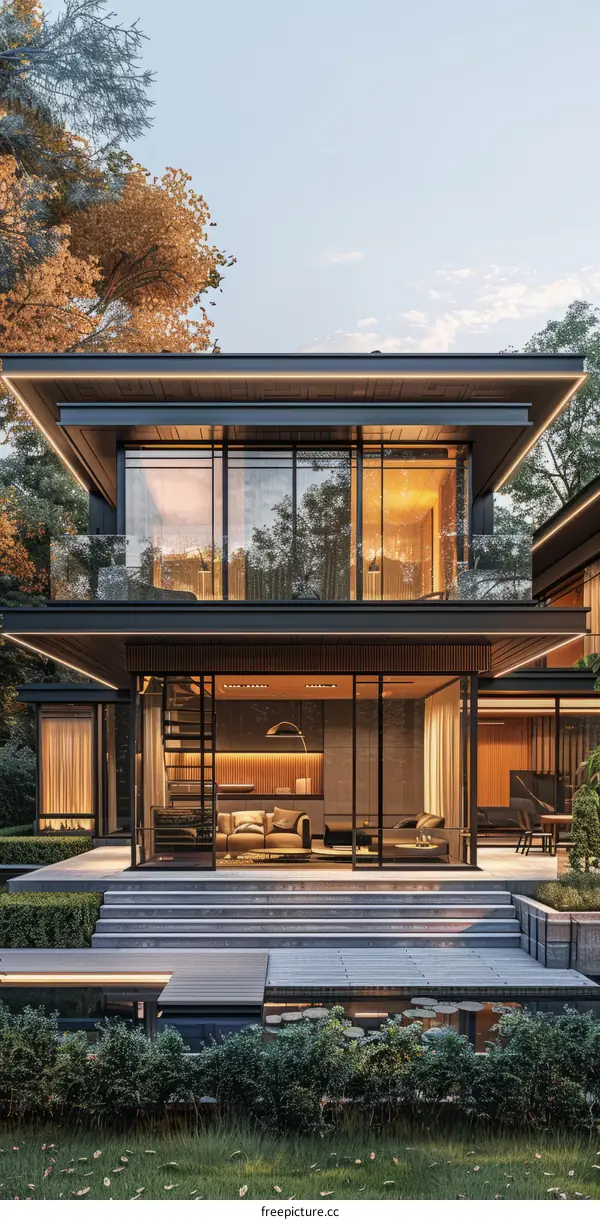 Modern Luxury Villa with Large Glass Windows and Terrace