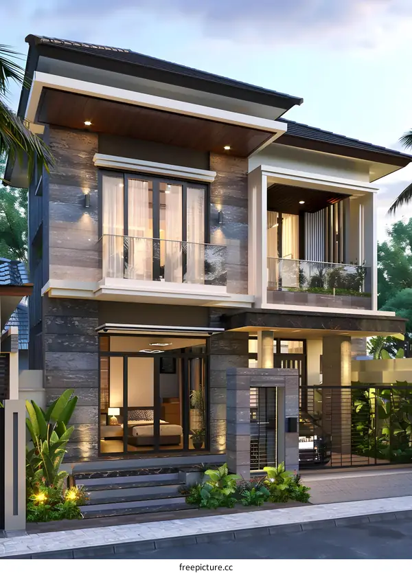 Modern Two Storey Home With Balcony And Garden