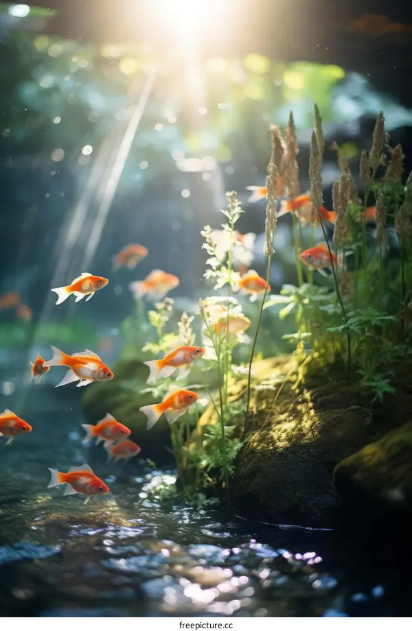 Vibrant Koi Fish Swimming Amidst Lush Underwater Greenery