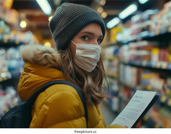 Young woman wearing a mask shopping in a grocery store