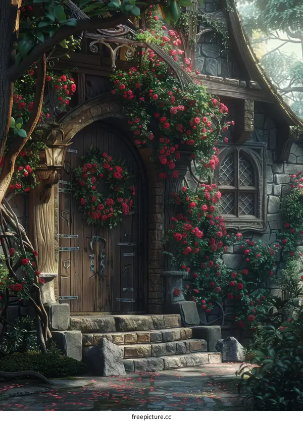 Mystical Cottage Adorned with Crimson Roses