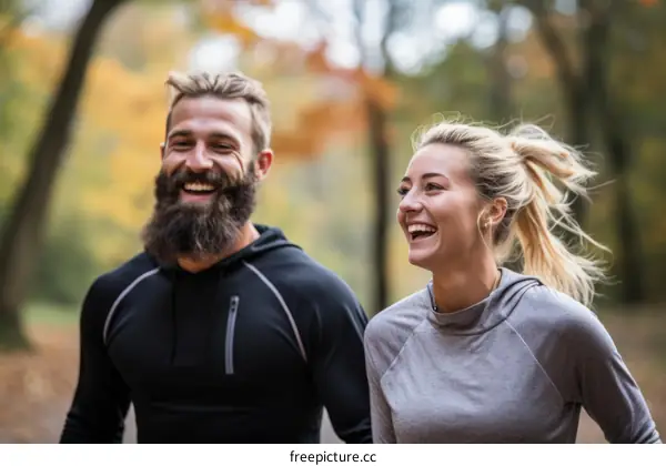 Couple running in the woods