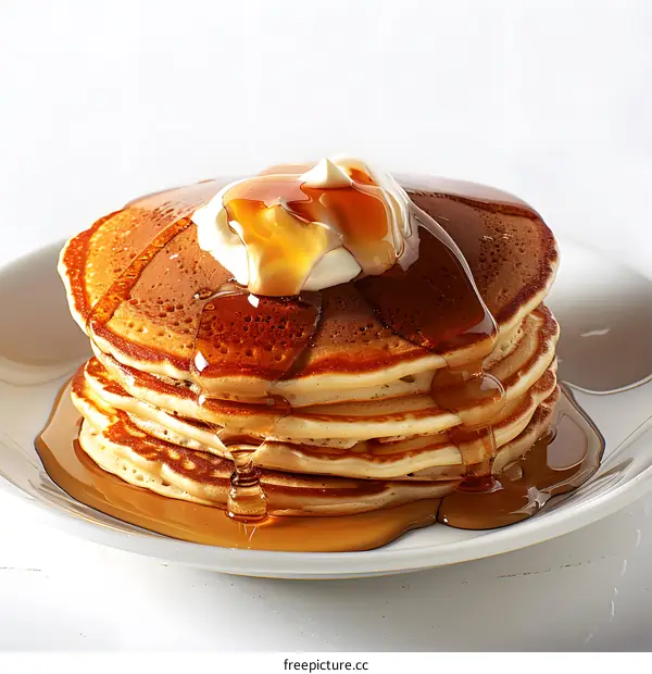 A stack of pancakes with butter and syrup