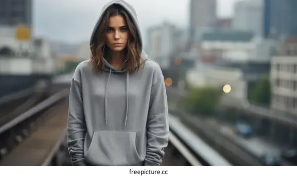 Portrait of a young woman in a gray hoodie standing on a railroad track