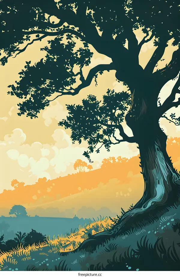 Nature Landscape with Silhouetted Tree and Grass