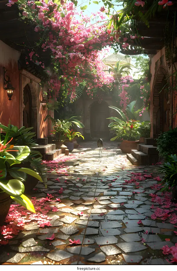 Courtyard with pink flowers and stone floor