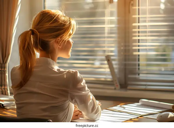 A woman is sitting at a desk looking out the window.
