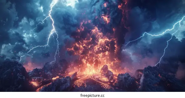 Volcanic Eruption with Lightning Storm