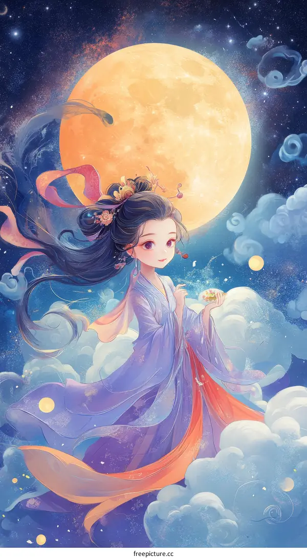 Asian girl in traditional Chinese dress  under the full moon