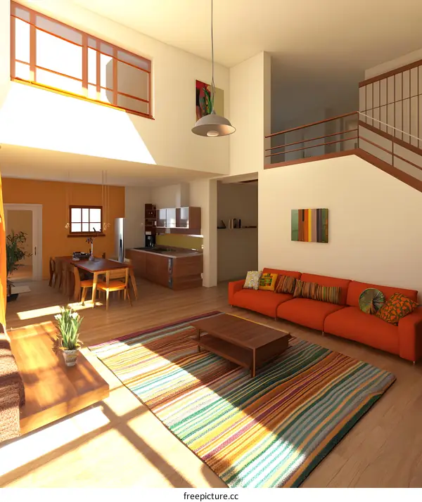 Modern Open Concept Living Room Design With Colorful Rug