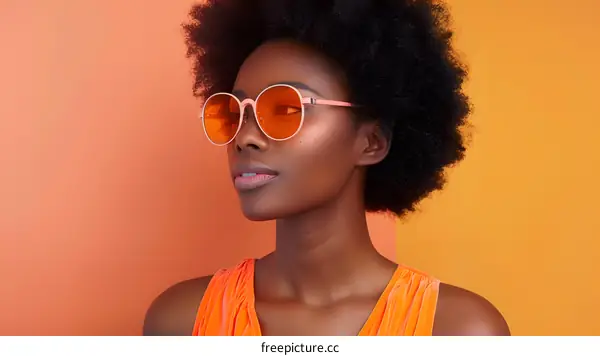 African American Woman Wearing Orange Sunglasses and Dress Against a Colorful Background