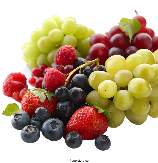 [Transparent Background PNG]Fresh Green and Red Grapes with Blueberries, Strawberries and Raspberries