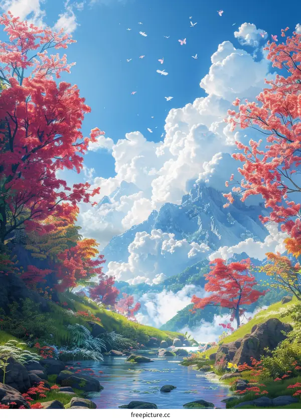 Beautiful Autumn Mountain Valley Landscape Illustration