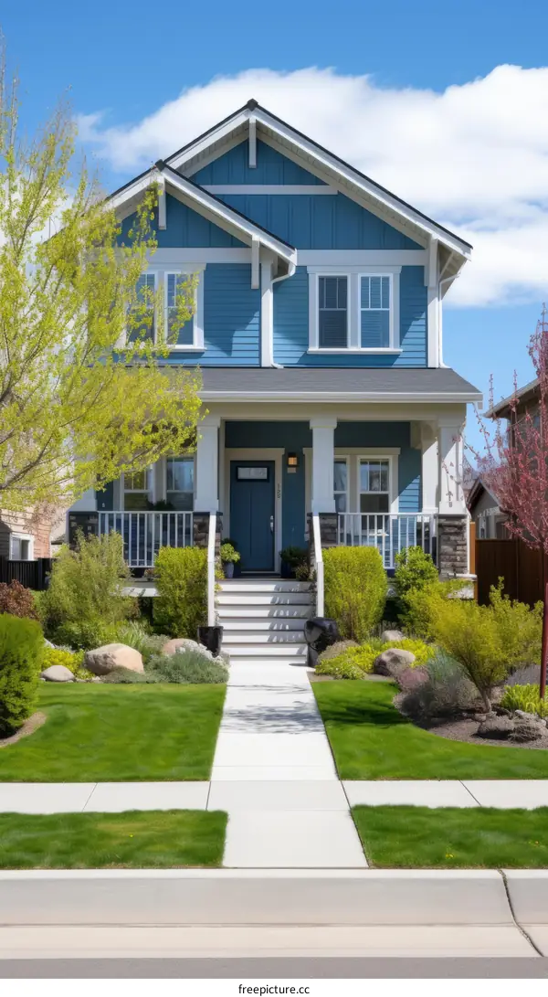 Blue Craftsman-Style House with White Trim and Porch