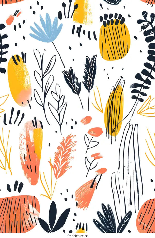 Abstract Floral Seamless Pattern with Yellow, Orange and Blue Colors