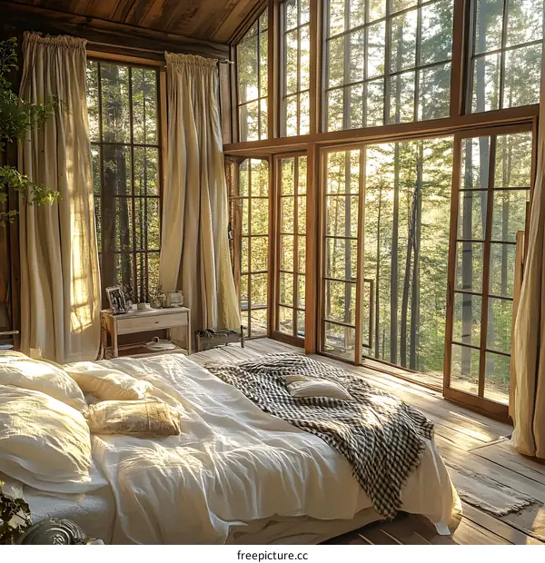 Bedroom with Large Windows and View of Forest