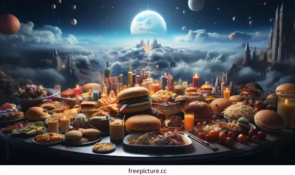 A Table Full of Food with a City in the Sky