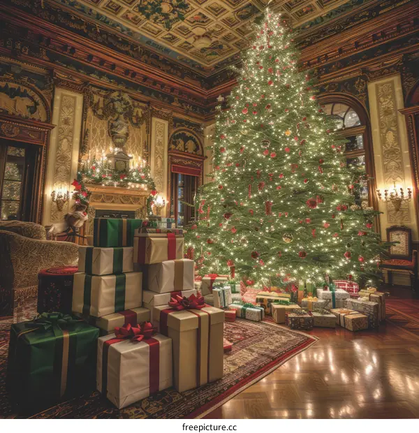 A Decorated Christmas Tree in a Festive Hall