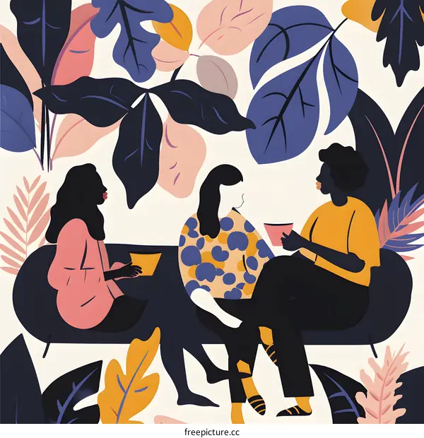 Three Friends Sitting and Talking in a Garden Illustration