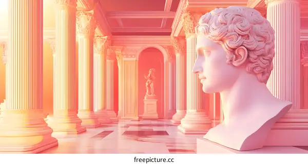 Pink Marble Greek Columns and Bust Sculpture Interior