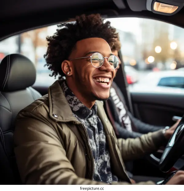 Happy African-American man driving a car