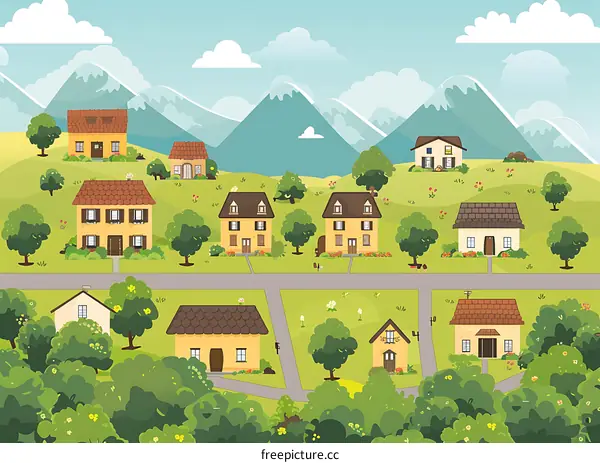 Colorful Cartoon Illustration of a Small Town with Houses and Mountains