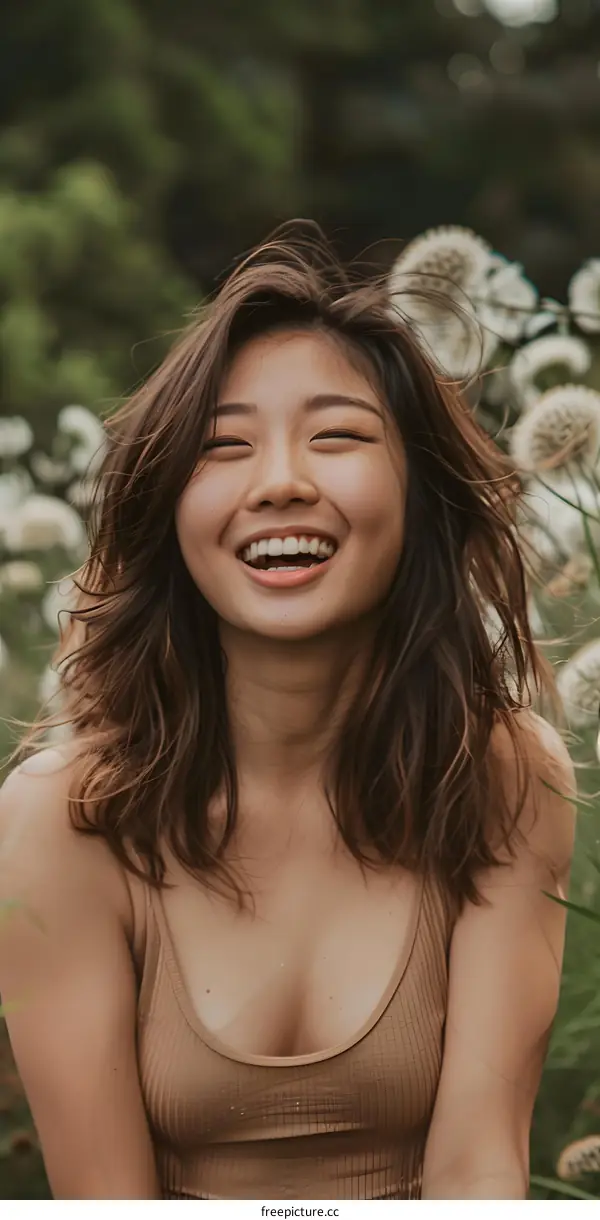 Smiling Asian Woman With Brown Hair In Nature