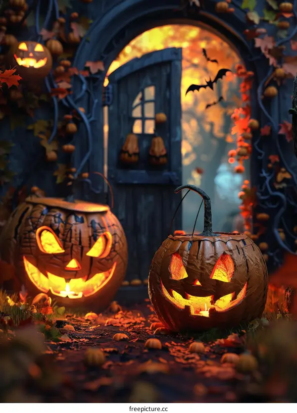 Two carved pumpkins with bats on a wooden door